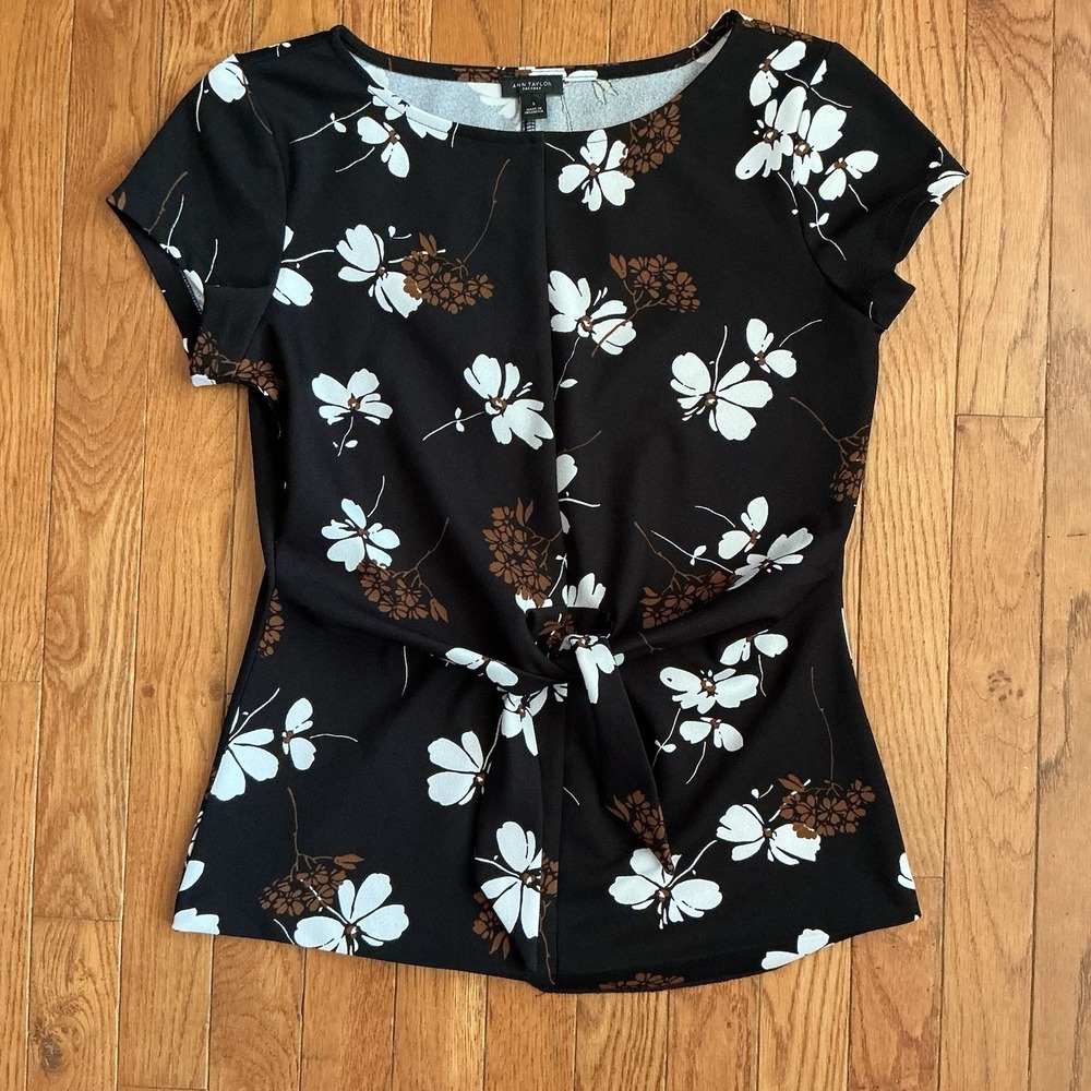 Ann Taylor S Black Floral Print Tie Front Blouse Cap Slv Stretch Office Career